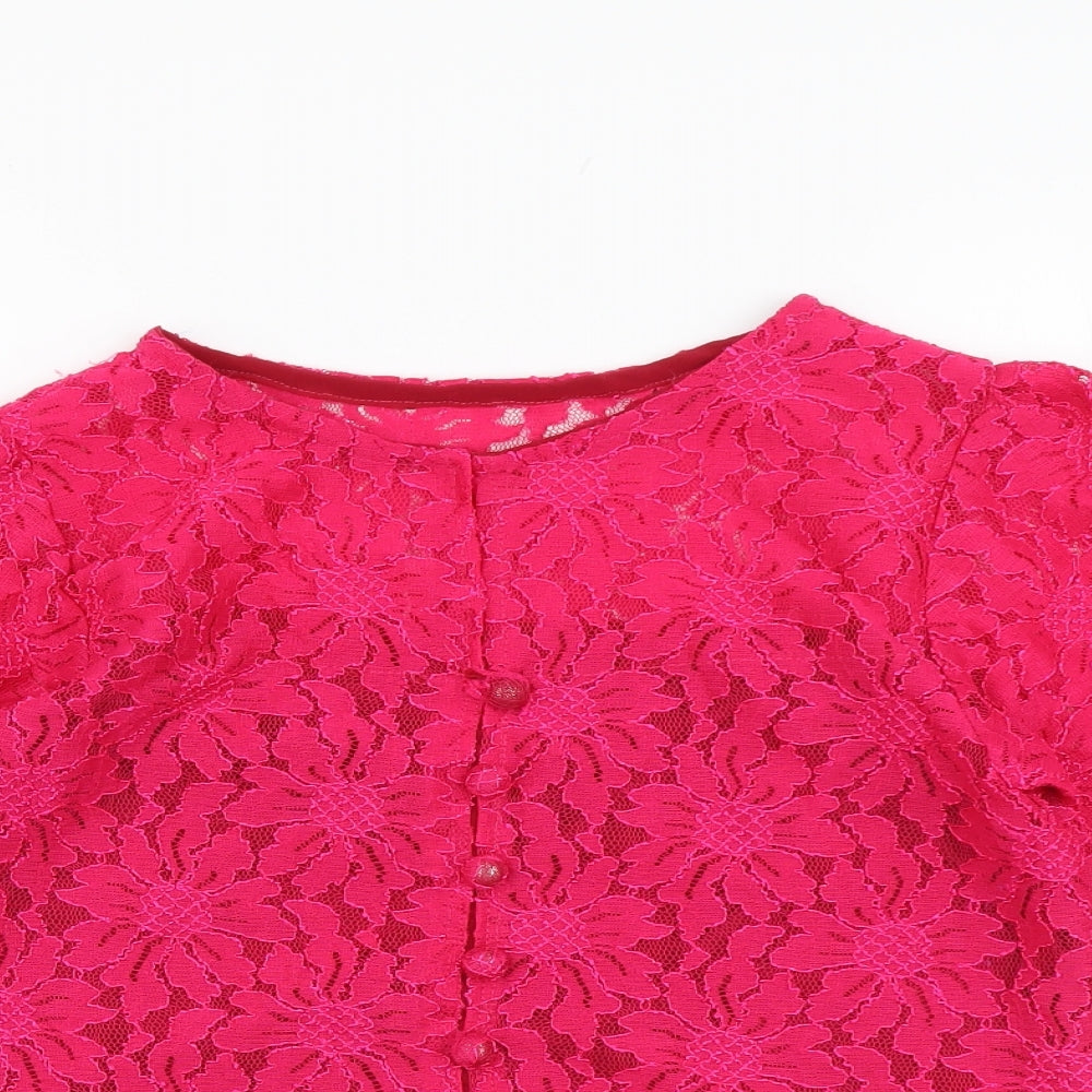 Preworn Womens Pink Floral Polyester Basic Blouse Size L Round Neck