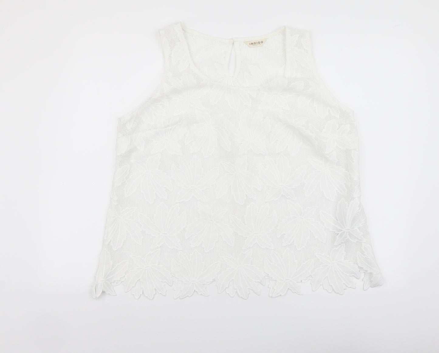 Indigo Womens White Floral Polyester Basic Tank Size 18 Round Neck