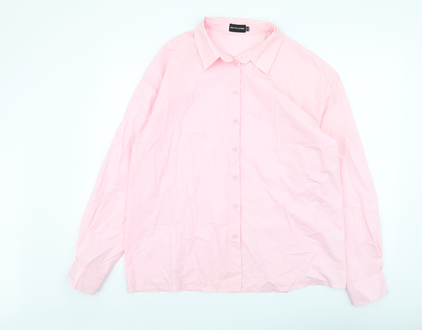 PRETTYLITTLETHING Womens Pink Cotton Basic Button-Up Size 14 Collared