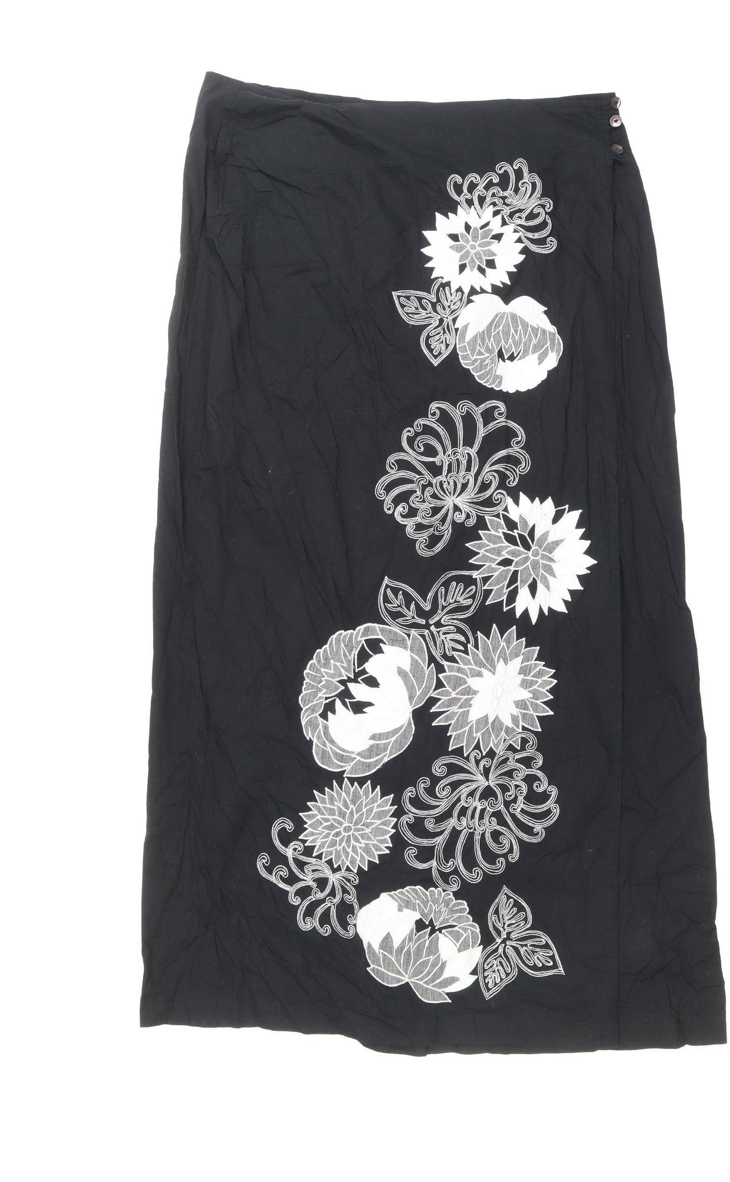 EAST Womens Black Floral Cotton Wrap Skirt Size 16 Button
