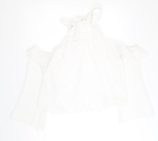 Front view of Mango women’s white polyester basic blouse, size M, mock neck