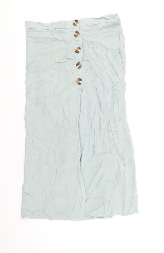 Front view of New Look women’s blue viscose a-line skirt, size UK 10, button