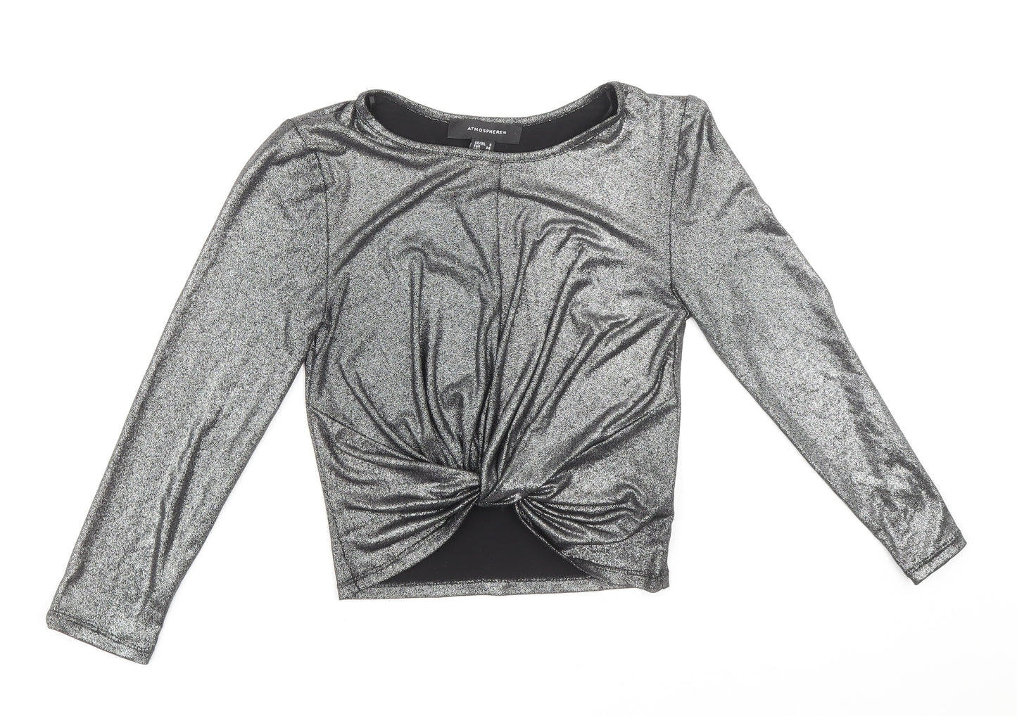 Atmoshpere Womens Grey Polyester Basic Blouse Size 6 Round Neck - Knot Front