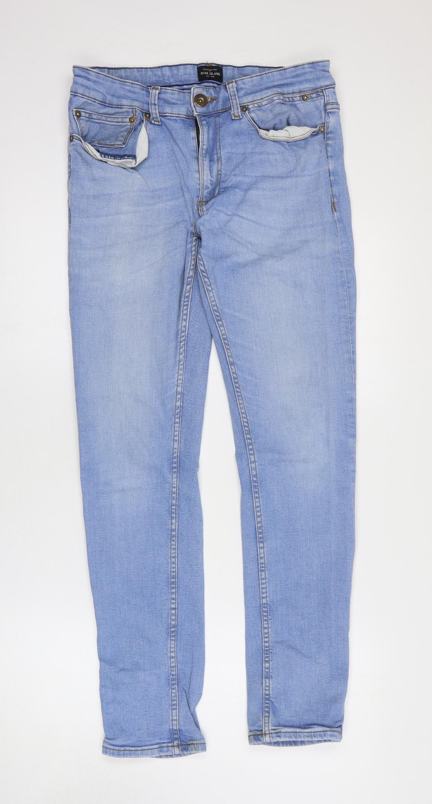 River Island Mens Blue Cotton Straight Jeans Size 32 in L32 in Regular Zip