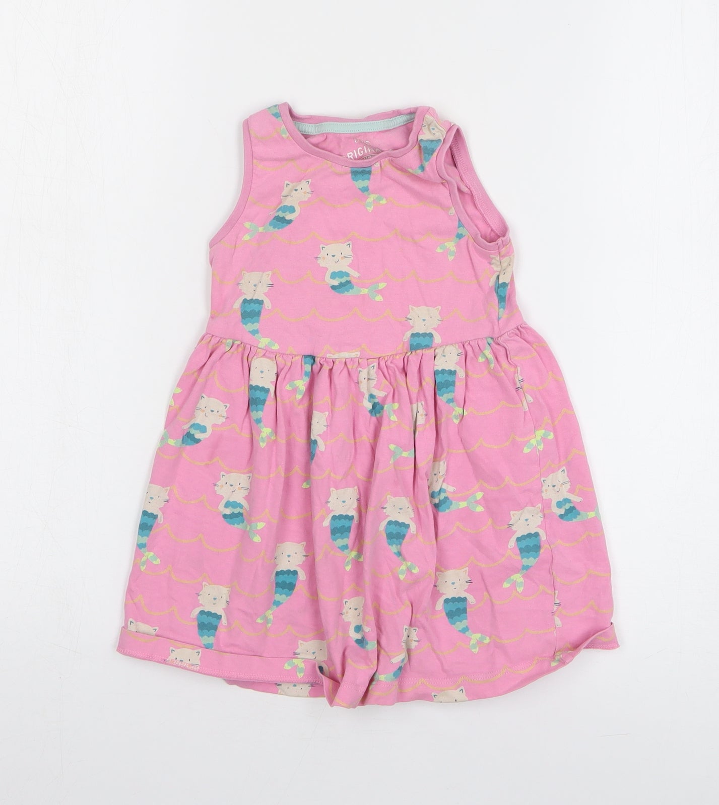Marks and Spencer Girls Pink Geometric Cotton T-Shirt Dress Size 2-3 Years Round Neck Pullover - Cat/Mermaid