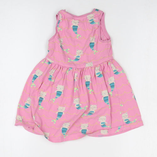 Marks and Spencer Girls Pink Geometric Cotton T-Shirt Dress Size 2-3 Years Round Neck Pullover - Cat/Mermaid