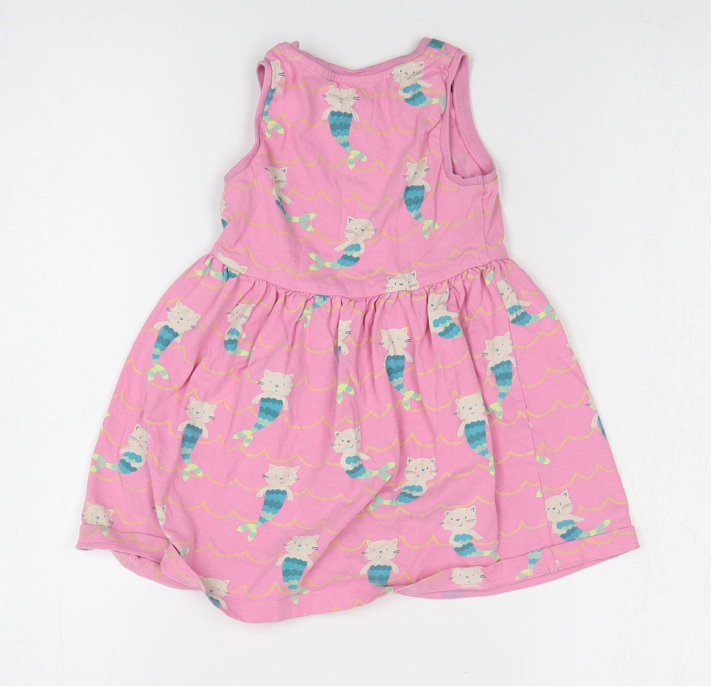 Marks and Spencer Girls Pink Geometric Cotton T-Shirt Dress Size 2-3 Years Round Neck Pullover - Cat/Mermaid