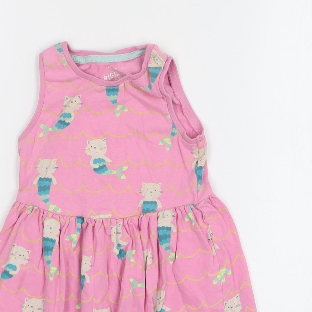 Marks and Spencer Girls Pink Geometric Cotton T-Shirt Dress Size 2-3 Years Round Neck Pullover - Cat/Mermaid