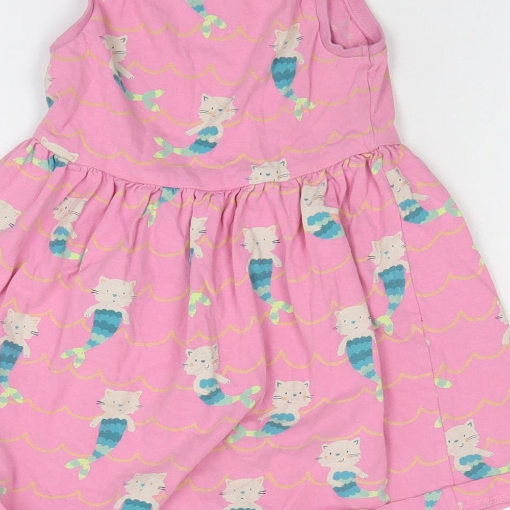 Marks and Spencer Girls Pink Geometric Cotton T-Shirt Dress Size 2-3 Years Round Neck Pullover - Cat/Mermaid