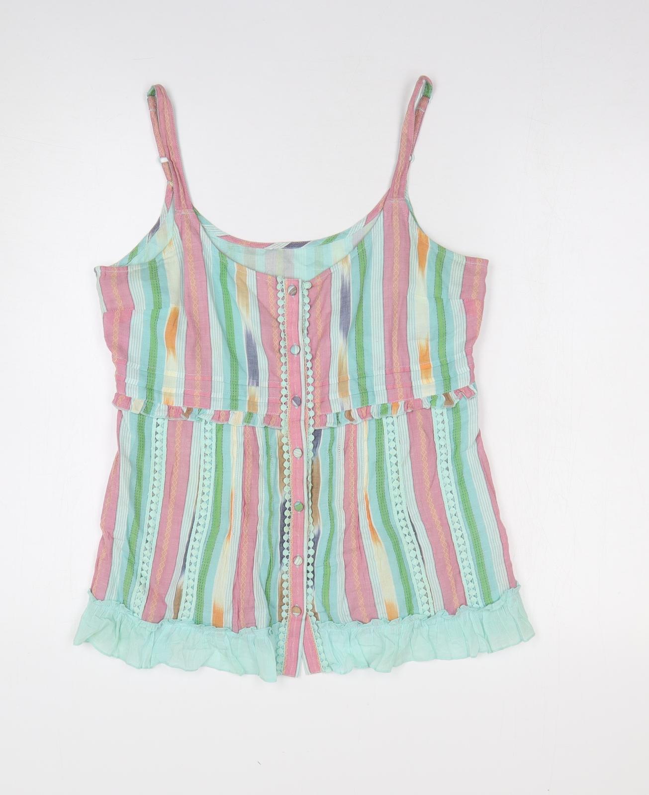Per Una Womens Multicoloured Striped 100% Cotton Basic Tank Size 12 V-Neck