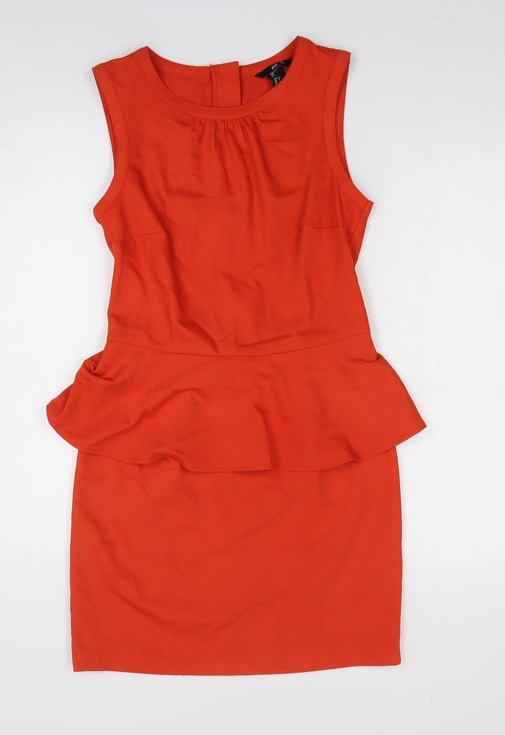 H&M Womens Orange Polyester Pencil Dress Size 8 Round Neck Zip