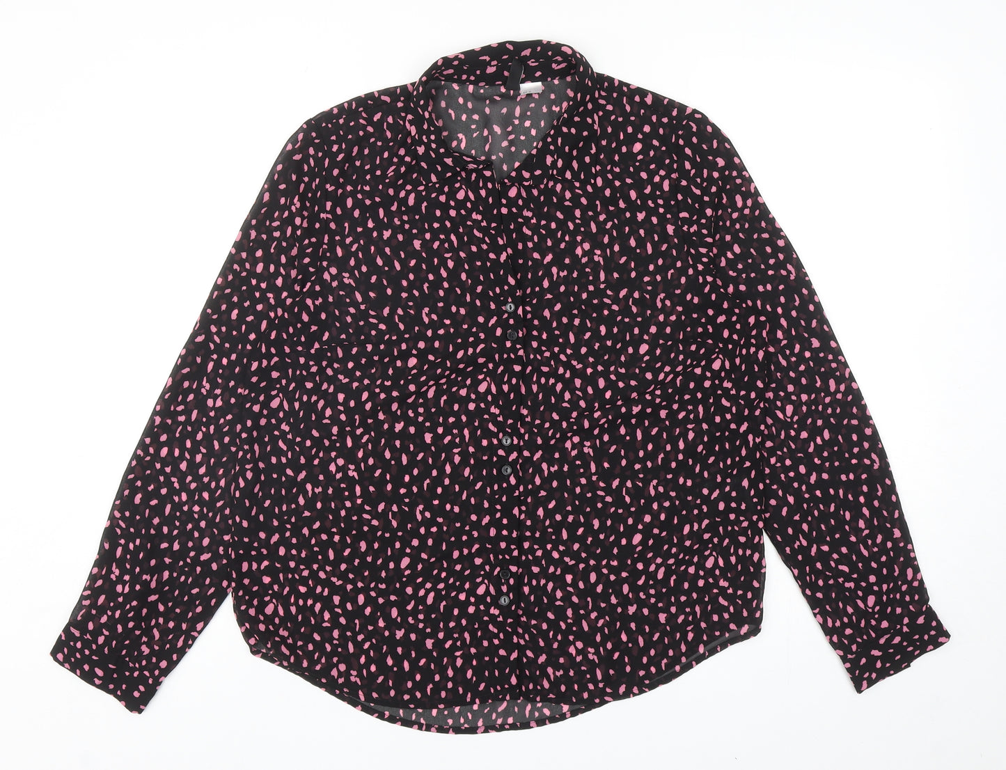 Divided by H&M Womens Black Geometric Polyester Basic Button-Up Size 12 Collared