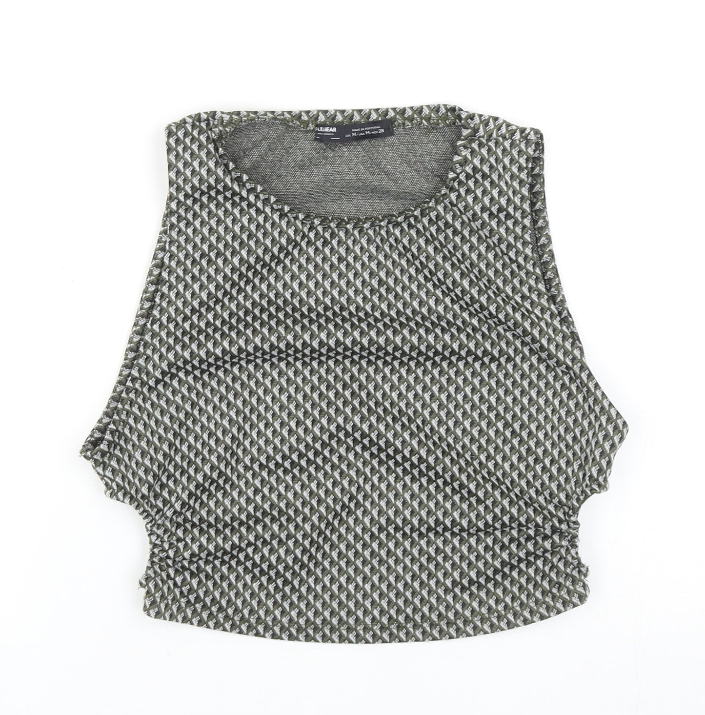 Pull&Bear Womens Green Geometric Polyester Cropped Tank Size M Round Neck
