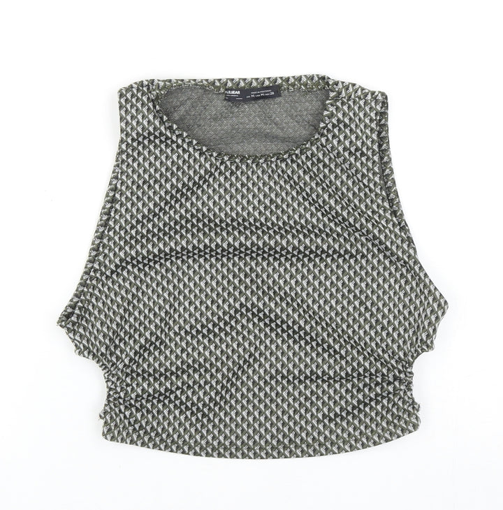 Pull&Bear Womens Green Geometric Polyester Cropped Tank Size M Round Neck