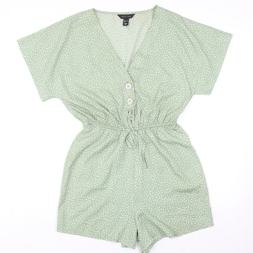 New Look Womens Green Spotted 100% Polyester Playsuit One-Piece Size 6 Button