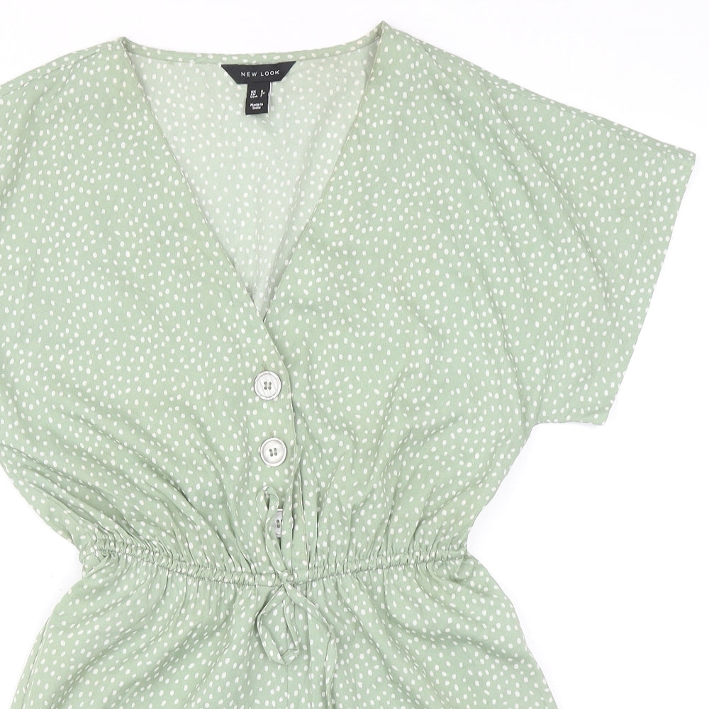 New Look Womens Green Spotted 100% Polyester Playsuit One-Piece Size 6 Button