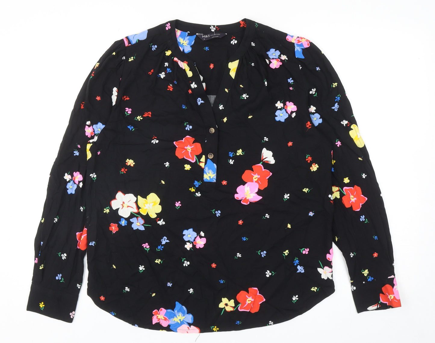 Marks and Spencer Womens Black Floral Viscose Basic Blouse Size 10 V-Neck