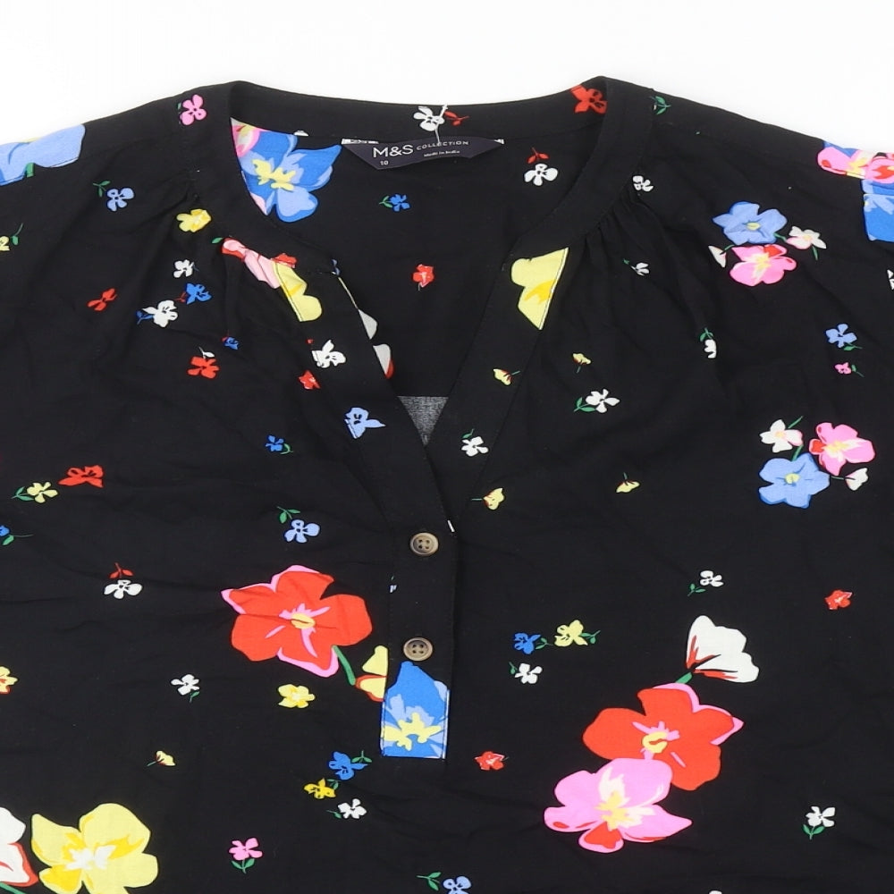 Marks and Spencer Womens Black Floral Viscose Basic Blouse Size 10 V-Neck