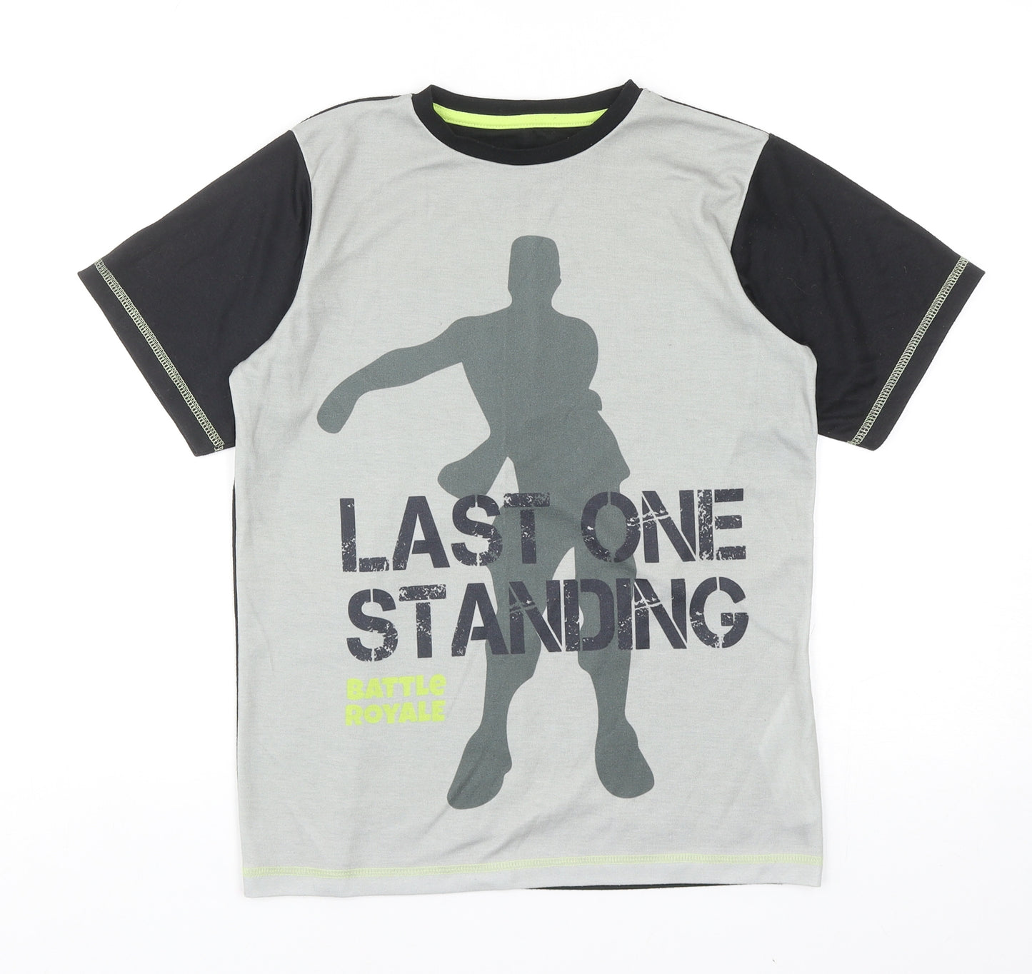 Preworn Boys Grey Polyester Basic T-Shirt Size 12-13 Years Round Neck Pullover - Battle Royale