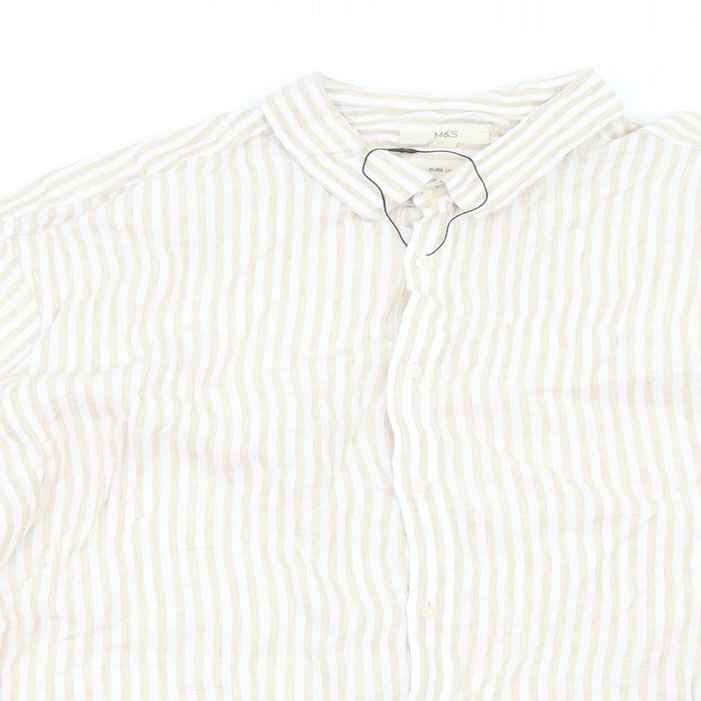 Marks and Spencer Mens Multicoloured Striped Linen Button-Up Size 3XL Henley Button