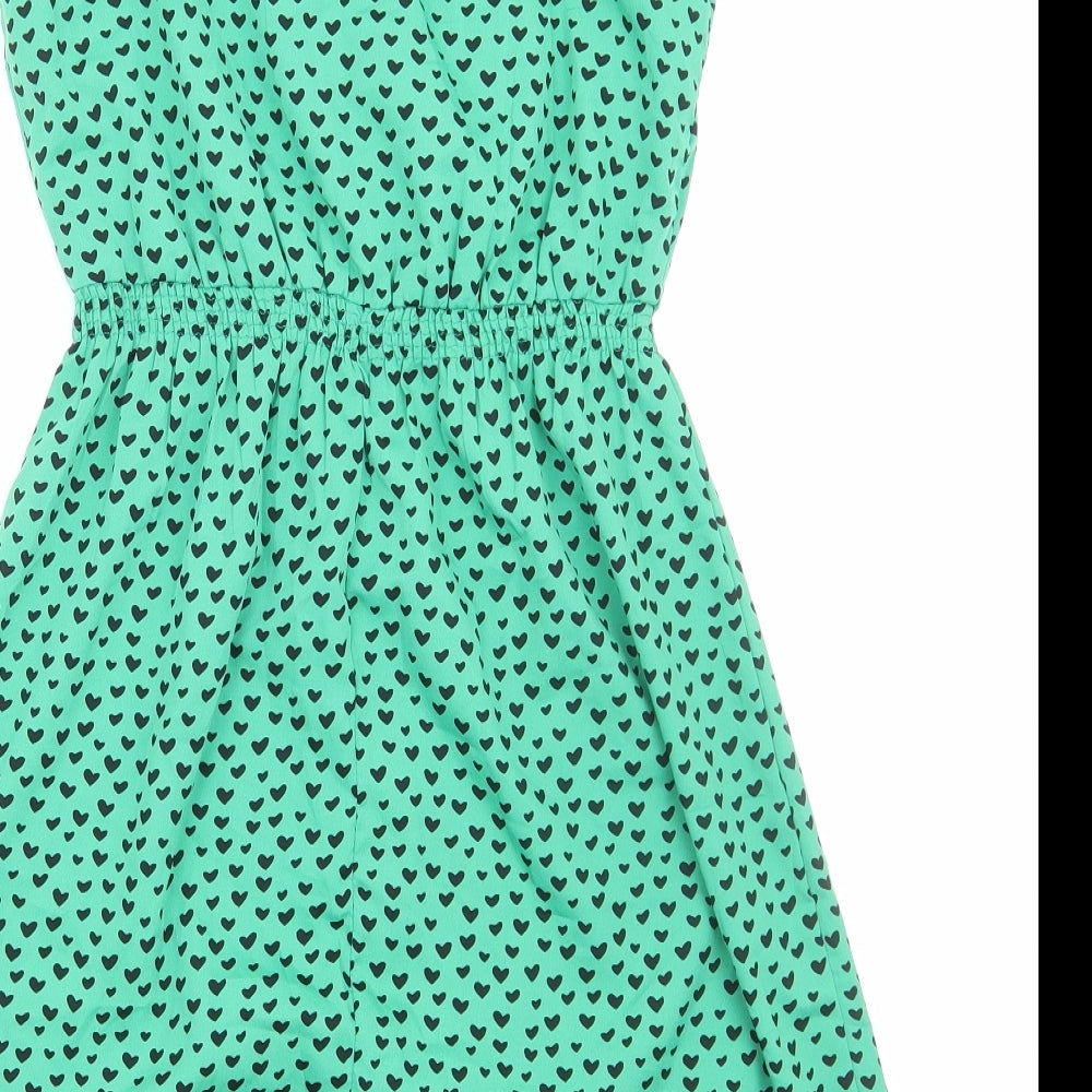 New Look Womens Green Geometric Polyester Fit & Flare Size 6 Scoop Neck Pullover - Heart Pattern