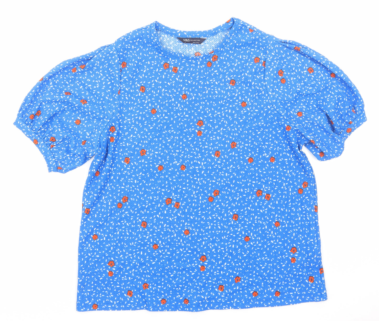 Marks and Spencer Womens Blue Floral Viscose Basic T-Shirt Size 16 Round Neck