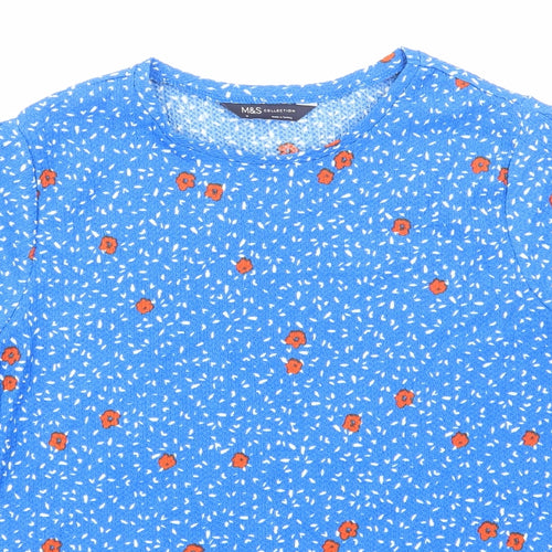 Marks and Spencer Womens Blue Floral Viscose Basic T-Shirt Size 16 Round Neck