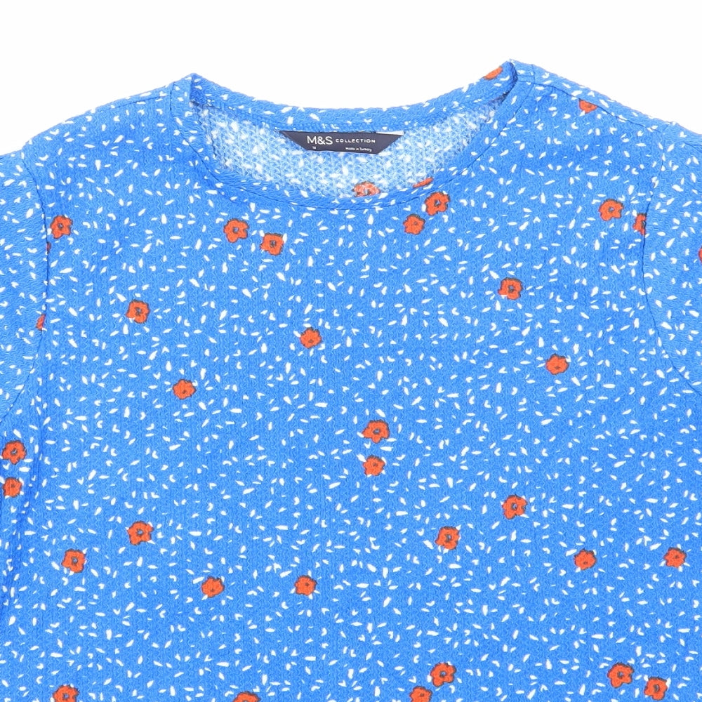 Marks and Spencer Womens Blue Floral Viscose Basic T-Shirt Size 16 Round Neck