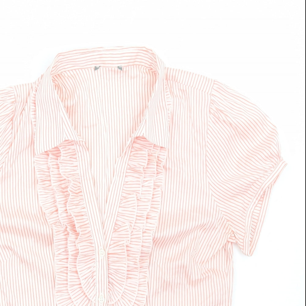 Preworn Womens Red Striped Polyester Basic Blouse Size 8 V-Neck