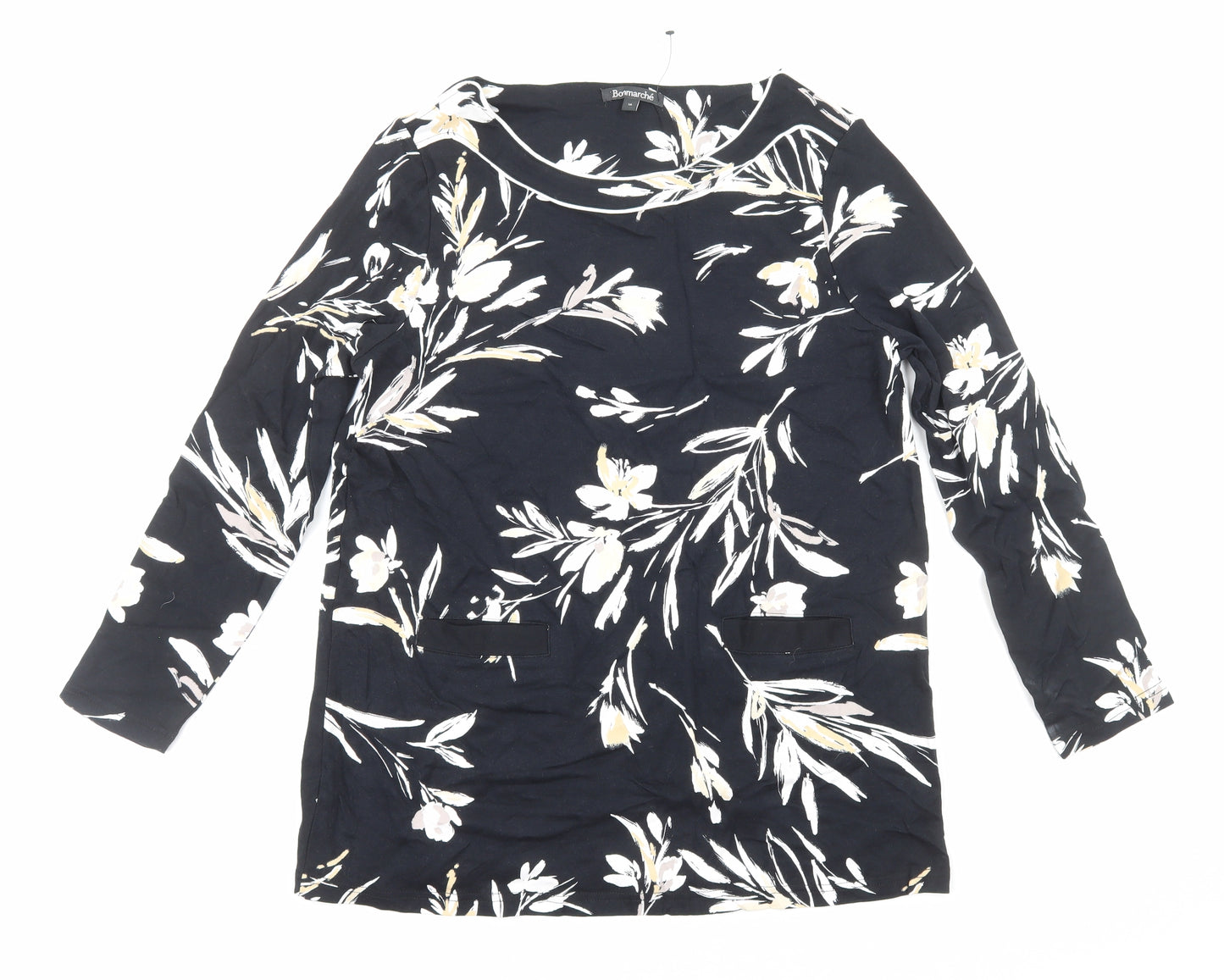 Bonmarché Womens Black Floral Viscose Basic Blouse Size 16 Round Neck