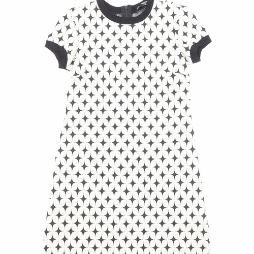 Zara Womens White Geometric Polyester Shift Size S Round Neck Zip