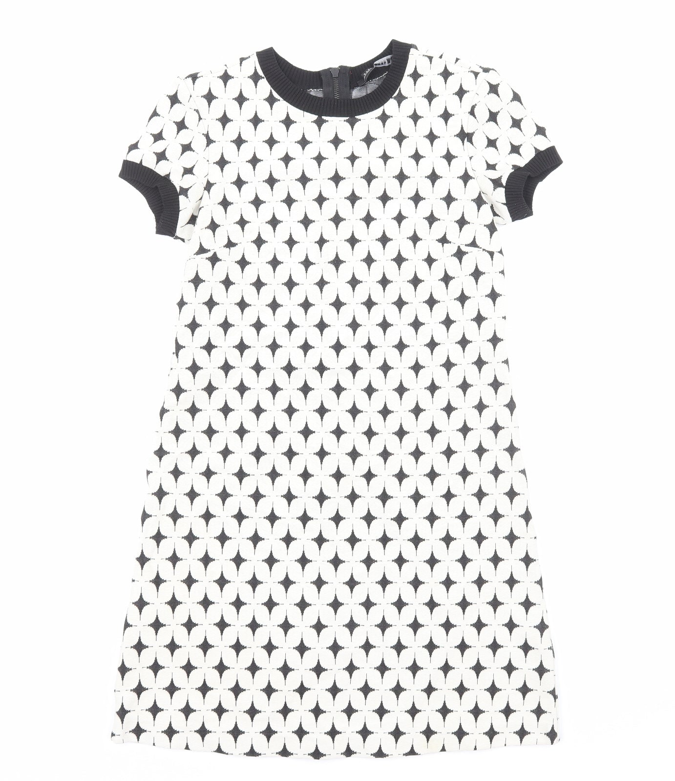 Zara Womens White Geometric Polyester Shift Size S Round Neck Zip