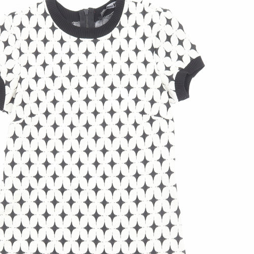 Zara Womens White Geometric Polyester Shift Size S Round Neck Zip