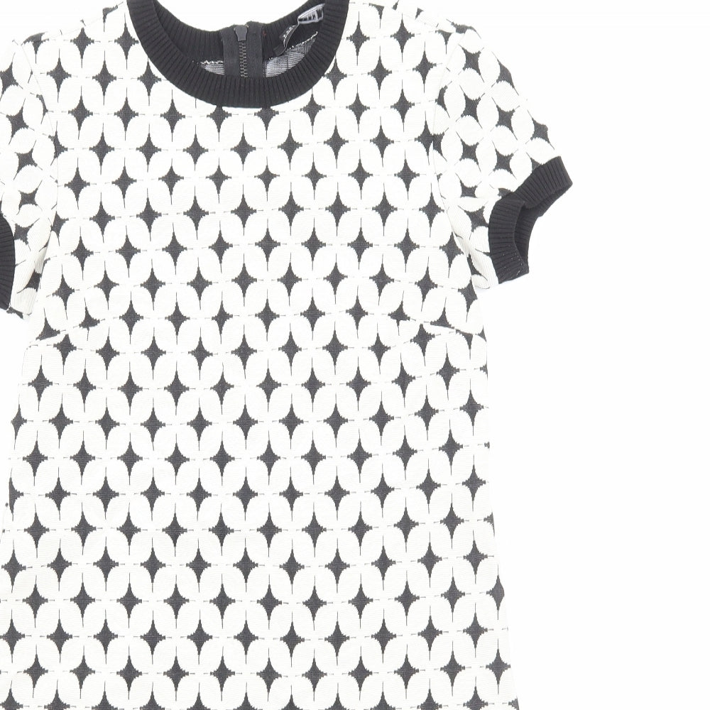Zara Womens White Geometric Polyester Shift Size S Round Neck Zip