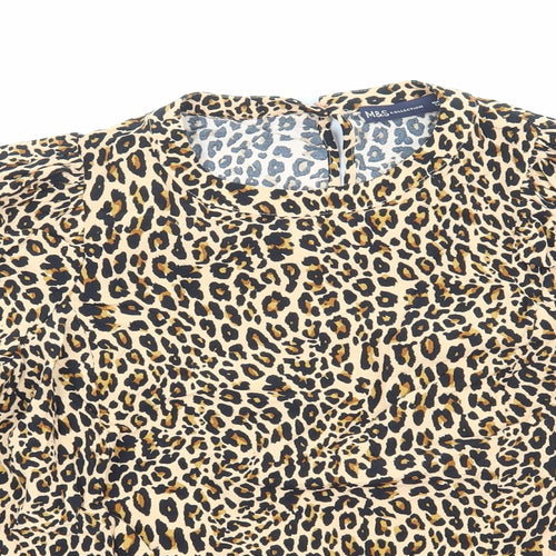 Marks and Spencer Womens Brown Animal Print Viscose Basic Blouse Size 12 Round Neck - Leopard Print