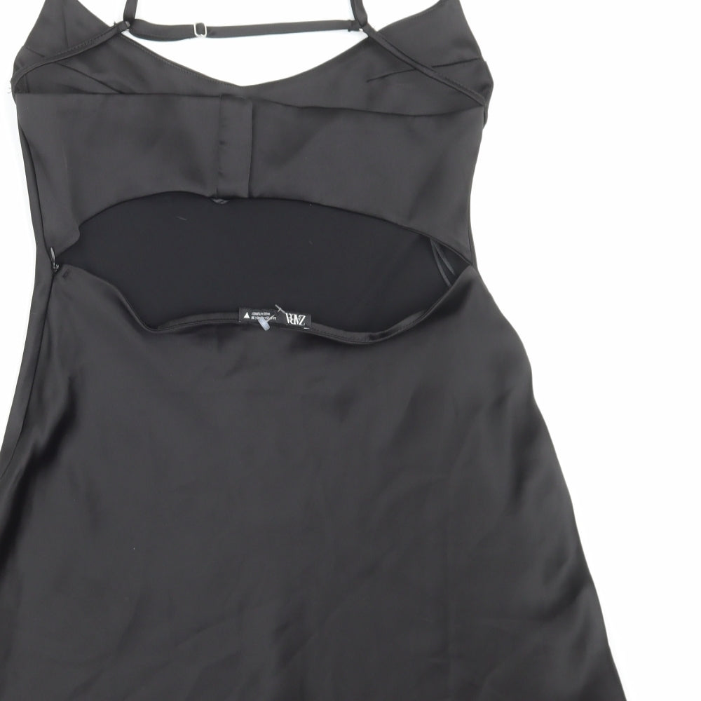Zara Womens Black Polyester Slip Dress Size M Scoop Neck Hook & Eye