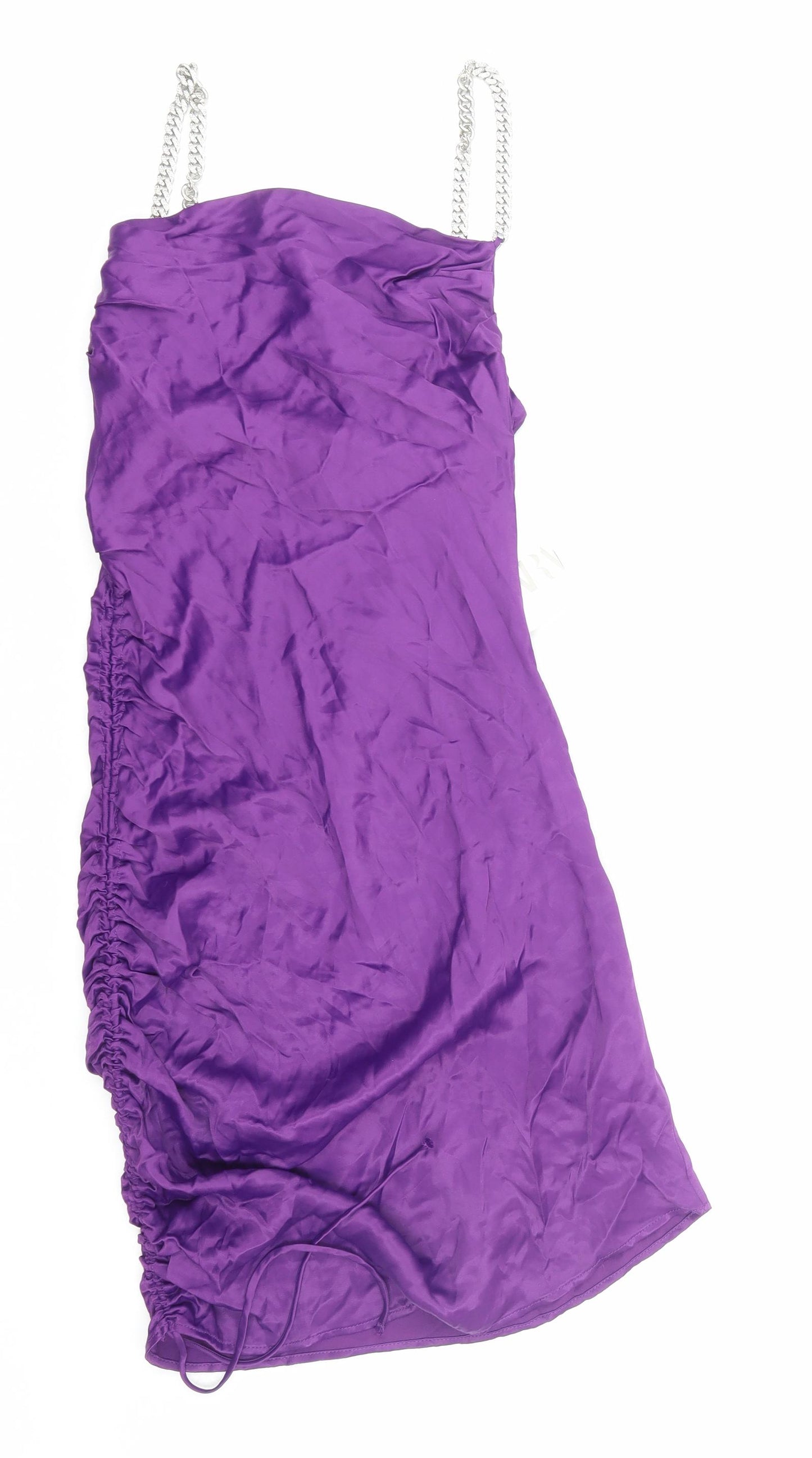 Zara Womens Purple Polyester Slip Dress Size S Square Neck Pullover - Ruched Chain Strap