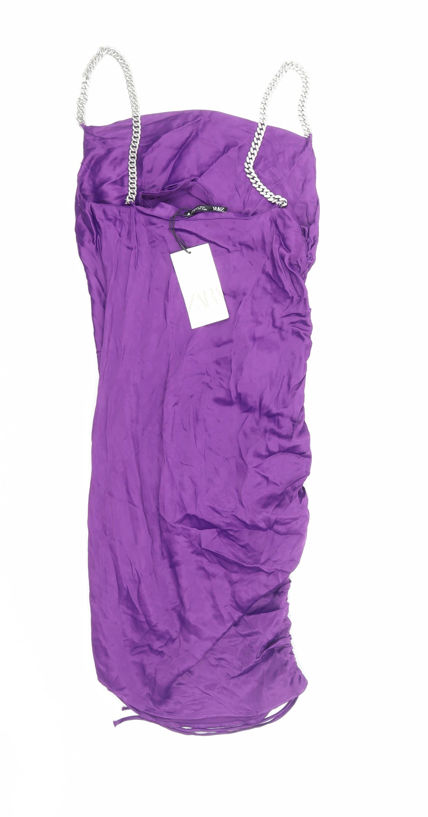 Zara Womens Purple Polyester Slip Dress Size S Square Neck Pullover - Ruched Chain Strap
