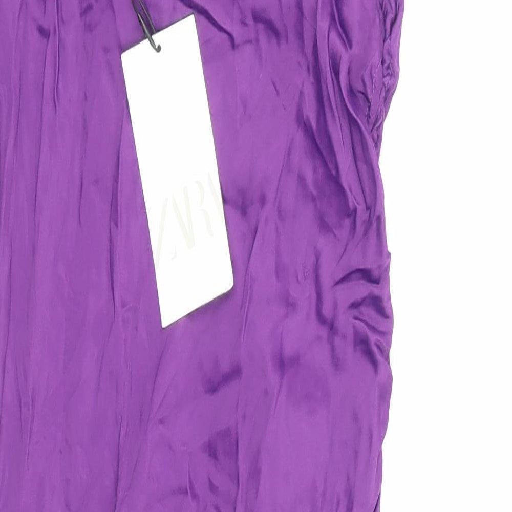 Zara Womens Purple Polyester Slip Dress Size S Square Neck Pullover - Ruched Chain Strap