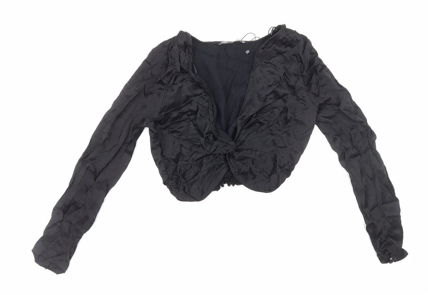 Zara Womens Black Polyester Cropped Blouse Size S V-Neck - Knot Front