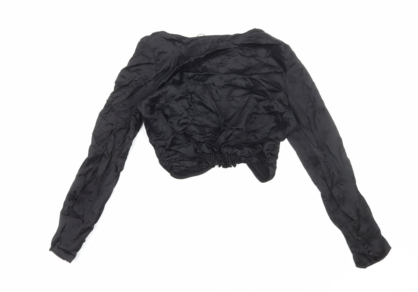 Zara Womens Black Polyester Cropped Blouse Size S V-Neck - Knot Front