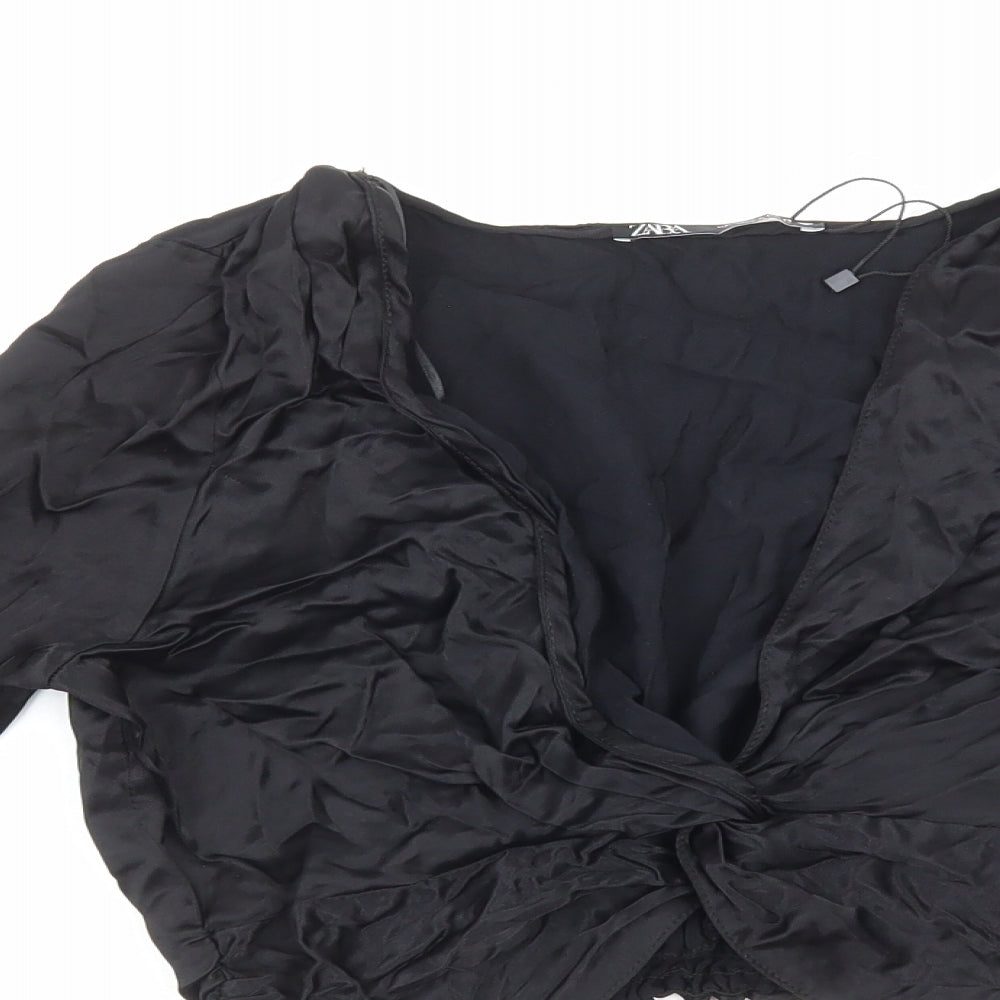 Zara Womens Black Polyester Cropped Blouse Size S V-Neck - Knot Front