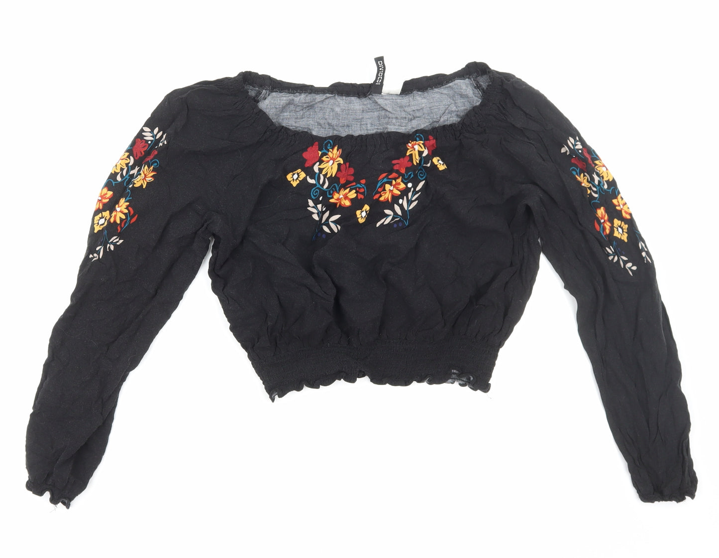 H&M Womens Black Floral Viscose Cropped Blouse Size 14 Scoop Neck