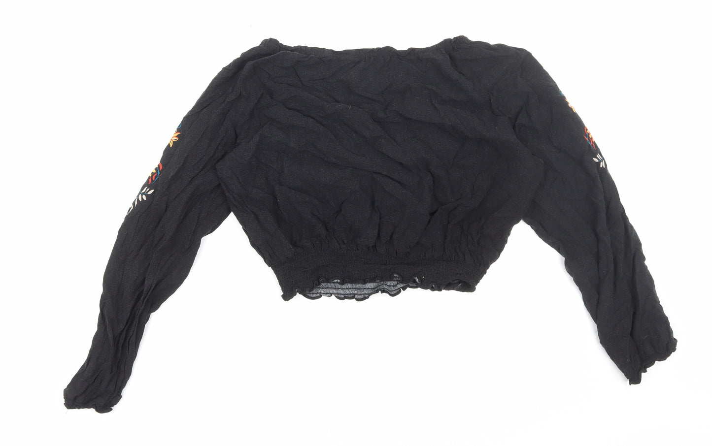 H&M Womens Black Floral Viscose Cropped Blouse Size 14 Scoop Neck