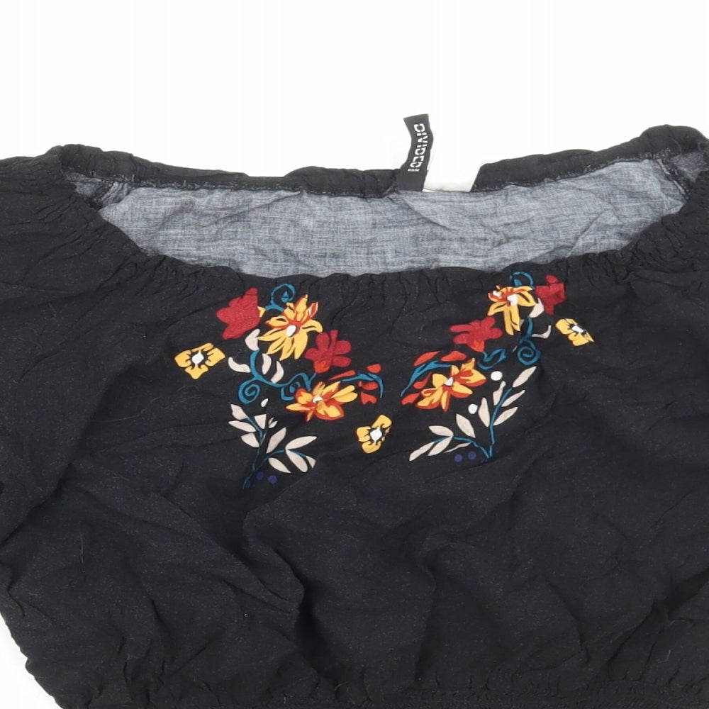 H&M Womens Black Floral Viscose Cropped Blouse Size 14 Scoop Neck