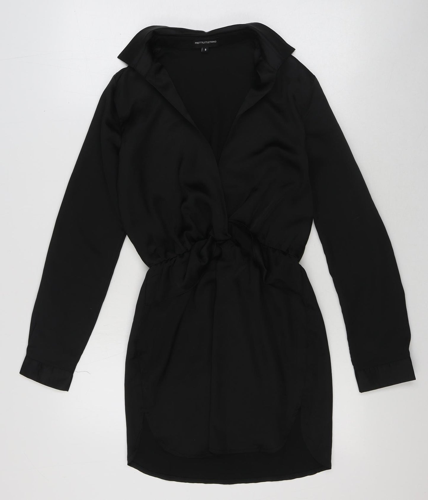 PRETTYLITTLETHING Womens Black Polyester Shirt Dress Size 8 V-Neck Pullover