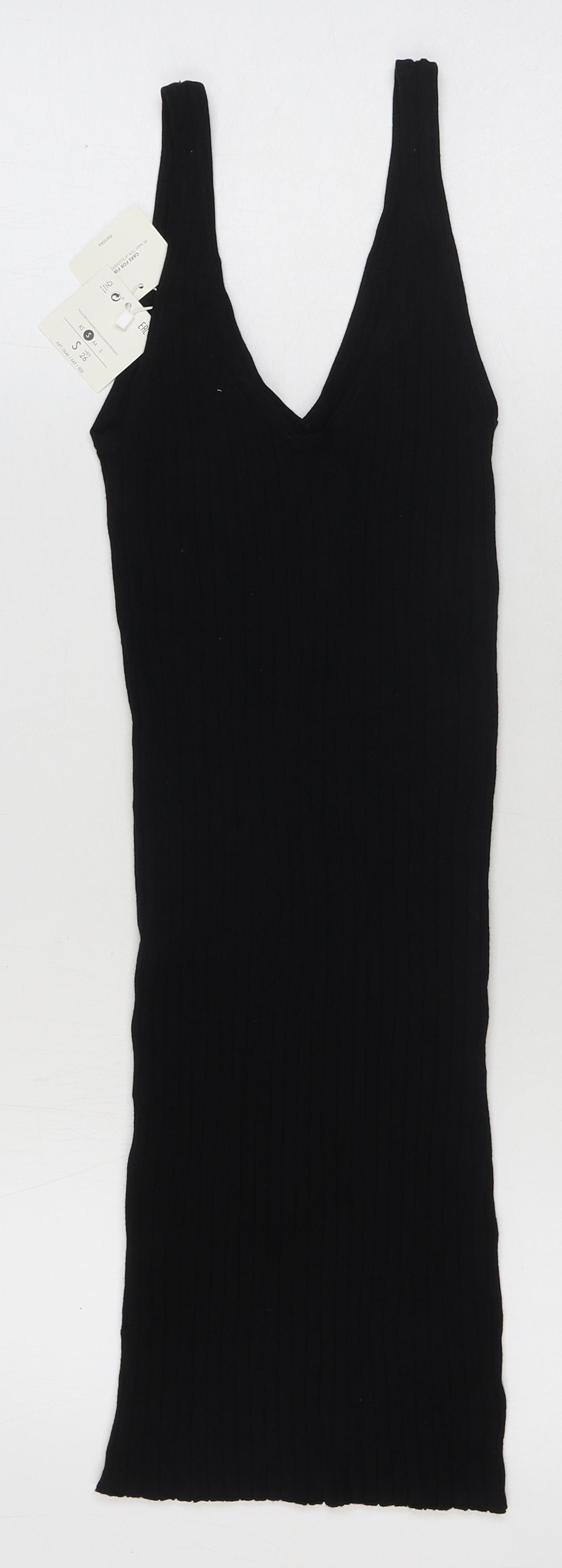 Bershka Womens Black Viscose Tank Dress Size S V-Neck Pullover