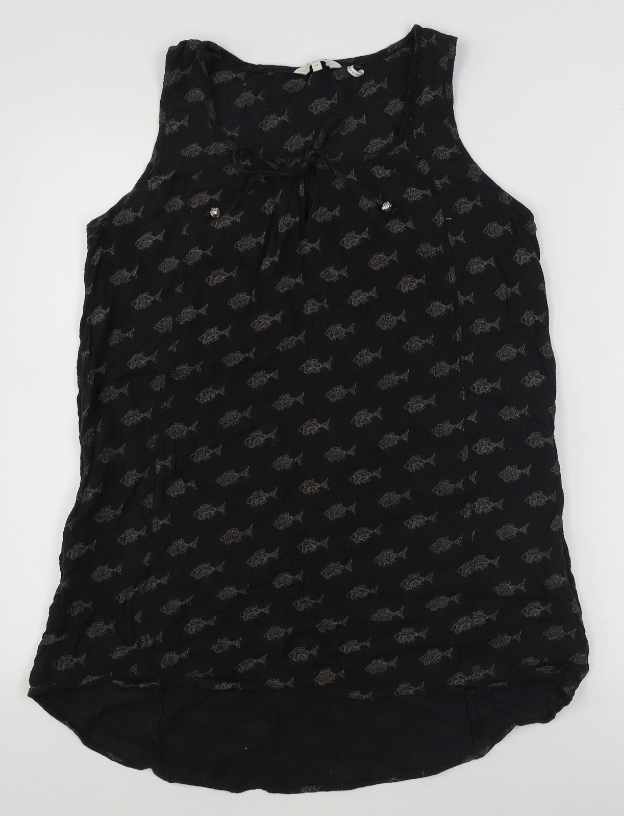 Fat Face Womens Black Geometric Viscose Basic Blouse Size 12 Round Neck - Fish Pattern