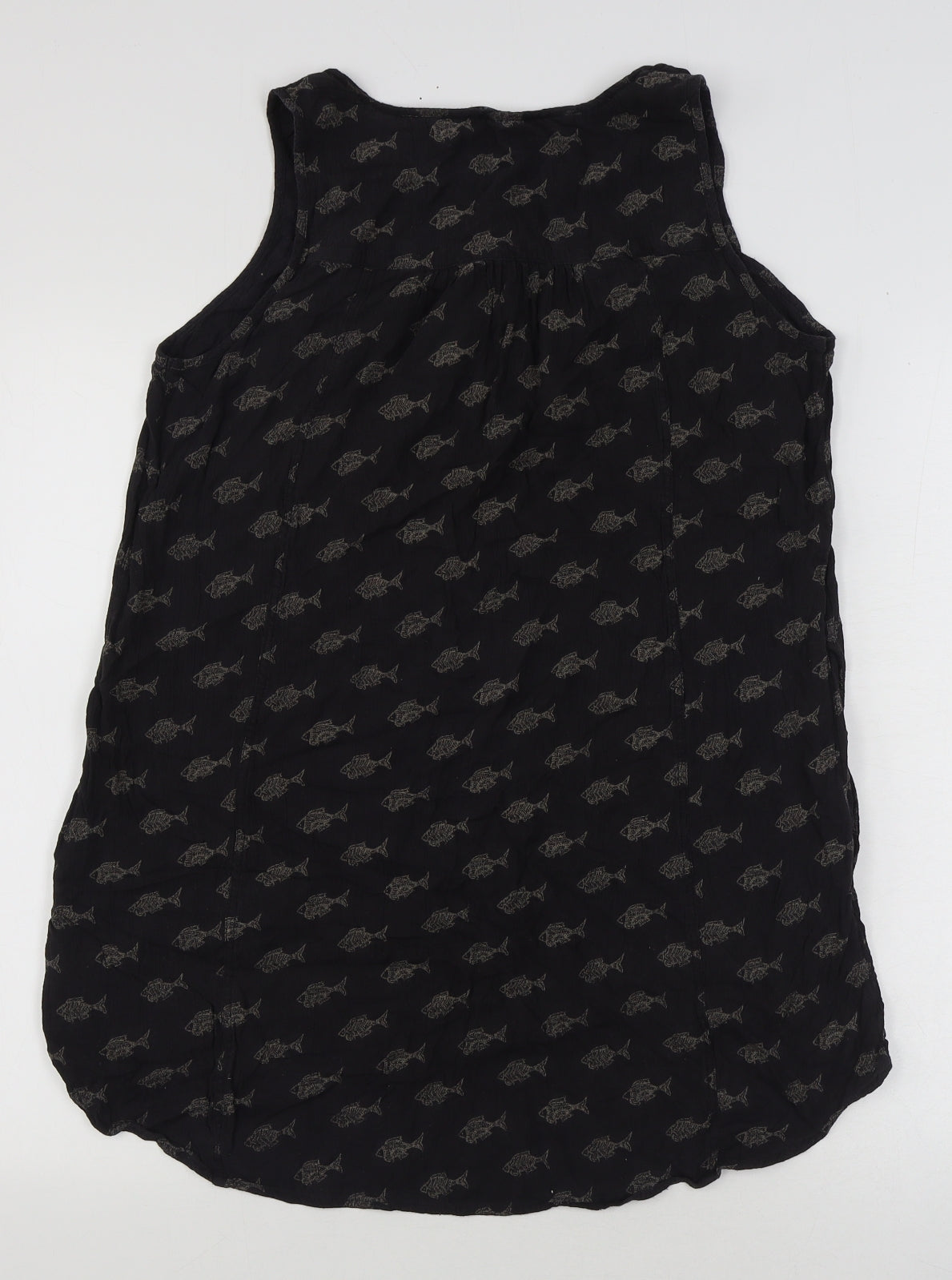 Fat Face Womens Black Geometric Viscose Basic Blouse Size 12 Round Neck - Fish Pattern