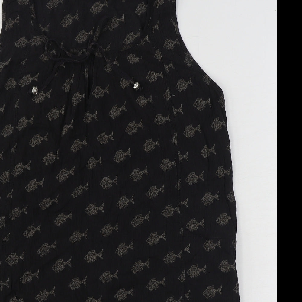 Fat Face Womens Black Geometric Viscose Basic Blouse Size 12 Round Neck - Fish Pattern
